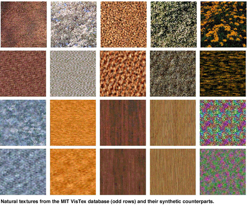 Natural textures from the MIT VisTex database (odd rows) and their synthetic counterparts.