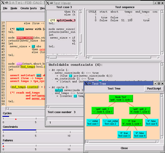 Left: The GATeL main window in which the Lustre model, the description of the environment and the test objectives are displayed. Top right: the test sequences generated.
Bottom: a tree representing a splitting process and the current test cases obtained.