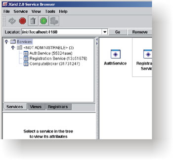 Figure 1: Part of the JGrid Service Browser graphical user interface showing discovered services.