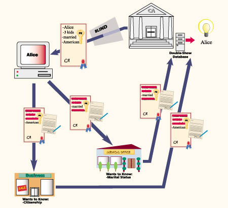 Alice fraudulently uses the same one-show Digital Credential at both a medical office and a business. Although each separate transaction cannot be traced by anyone to her identity, the aggregate information is sufficient to enable the central authority to find out her identity.