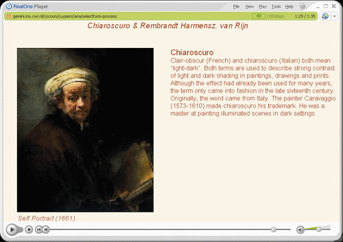 Screenshot of a a presentation about the painting technique 'chiaroscuro' in the context of the work of the painter Rembrandt van Rijn.