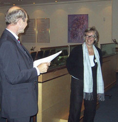 ERCIM President Gerard van Oortmerssen presents the working group award 2002 to Stefania Gnesi, coordinator of the Working Group on Formal Methods for Industrial Critical Systems. 