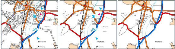 Figure (left to right): 
Unmediated map, all features included. Mediated for tourist in a car, less peripheral detail. Mediated for worker in a car, note omission of tourist sites, golf courses, footpaths etc. 