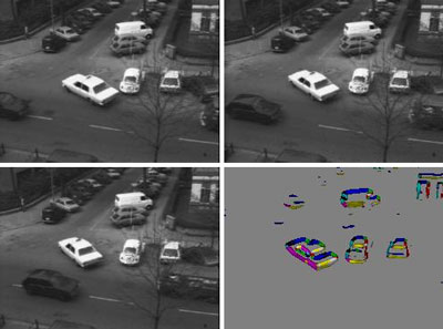 Three images from a visual sequence and the corresponding motion extracted by the neuronal model.