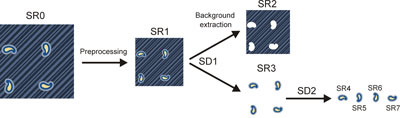 Figure 2: Example of a design segment decomposition using the MPEG-7 StillRegion (SR) and SegmentDecomposition (SD) Description Schemes. The boxes represent semantical entities, the arrows semantical relations.