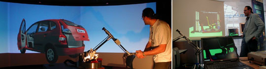 Figure 3: Direct immersive manipulation with the haptic device Virtuose 6D and multi-user manipulation on laptops.