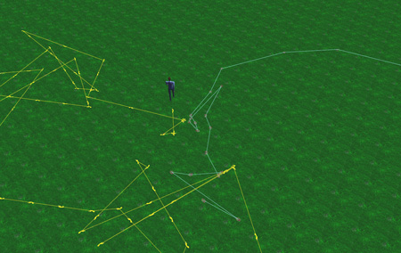 Figure 3: The virtual world (as seen from above) augmented with the visualisation of user paths.