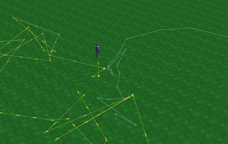 Figure 3: The virtual world (as seen from above) augmented with the visualisation of user paths.