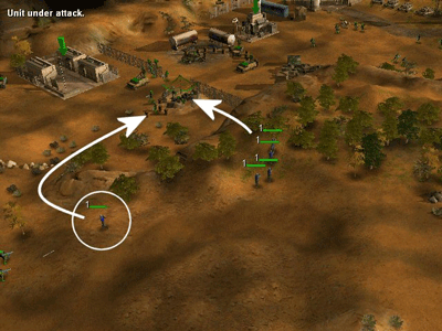 Figure 1: A scene from the game Command and Conquer Generals. Five units are ordered to move to the same spot but the motion planner sends one along a different route, leading to instant death for that unit.