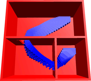 Figure 2: A table must move from one room to another through two doors. Combined translation and rotation is required for this. Even though the problem has six degrees of freedom, solutions are computed almost instantaneously.