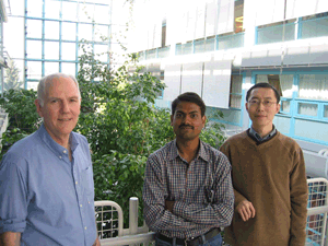 ERCIM fellows Venkatesh Babu Radhakrishnan (center) and Yuming Jiang (right) hosted by NTNU at the Centre for Quantifiable Quality of Service in Communication Systems with Centre Director Peder J. Emstad.