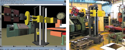 Figure: The real and the simulated manufacturing cell.