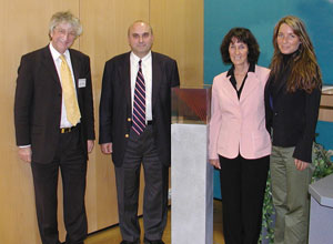 From left: Keith Jeffery, ERCIM president, Constantine Stephanidis director of ICS-FORTH, Ava and Eleni Orphanoudakis, wife and daughter of Stelios Orphanoudakis.